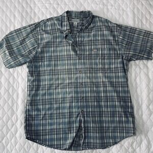Carhartt Button Down Shirt Mens XL Tall Blue Green Plaid Short Sleeve Cotton